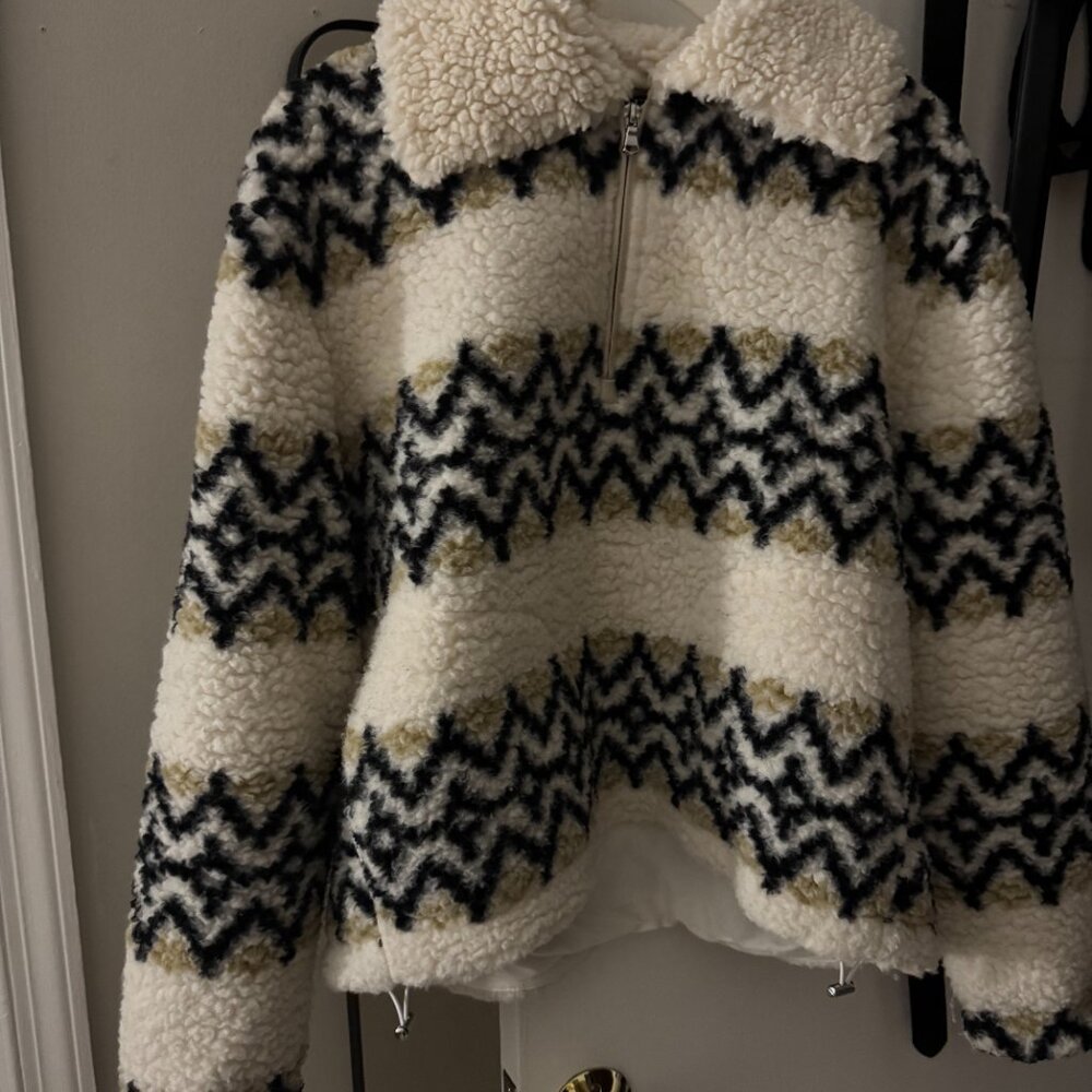 J. Crew Ivory Jacquard Print Sherpa Half Zip Fleece Pullover Sweater M